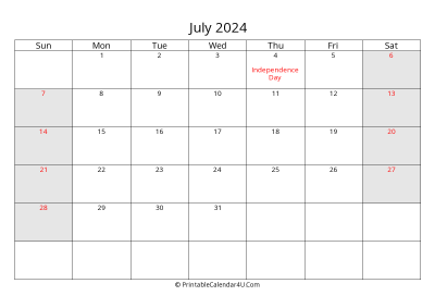 july 2024 calendar with us holidays highlighted landscape layout
