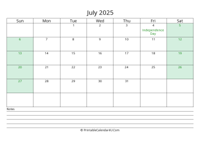 july 2025 calendar with us holidays and notes landscape layout