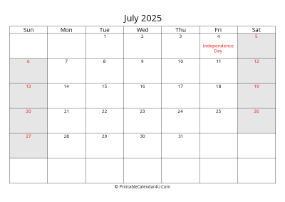 july 2025 calendar with us holidays highlighted landscape layout