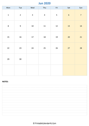 june 2020 calendar editable with notes vertical layout