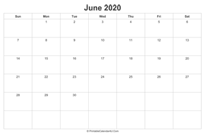 june 2020 calendar printable landscape layout