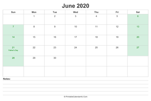june 2020 calendar with us holidays and notes landscape layout
