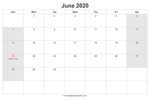 june 2020 calendar with us holidays highlighted landscape layout