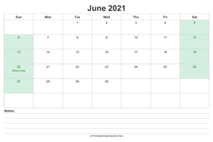 june 2021 calendar with us holidays and notes landscape layout