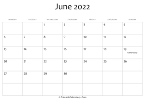 june 2022 editable calendar with holidays