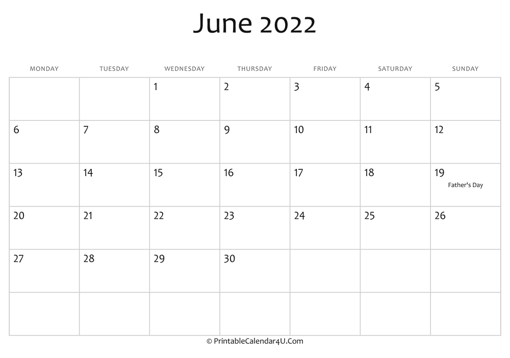 june 2022 editable calendar with holidays
