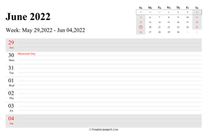 june 2022 weekly calendar with us holidays landscape layout
