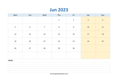 june 2023 calendar editable with notes horizontal layout