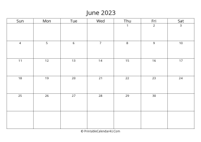june 2023 calendar printable landscape layout