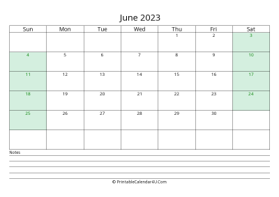 june 2023 calendar with us holidays and notes landscape layout