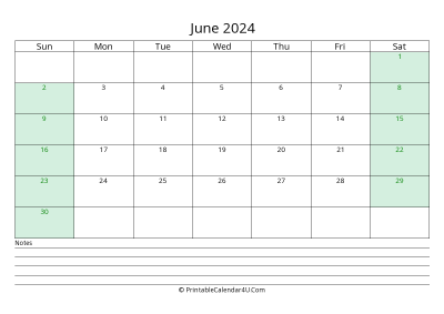 june 2024 calendar with us holidays and notes landscape layout