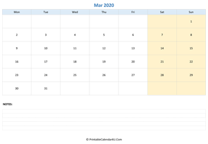 march 2020 calendar editable with notes horizontal layout