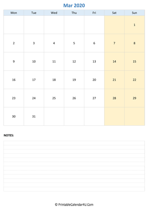 march 2020 calendar editable with notes vertical layout