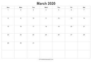march 2020 calendar printable landscape layout