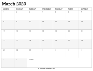 march 2020 calendar printable week starts on sunday
