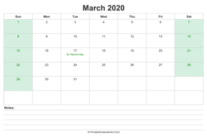 march 2020 calendar with us holidays and notes landscape layout