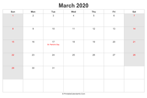 march 2020 calendar with us holidays highlighted landscape layout