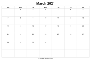 march 2021 calendar printable landscape layout