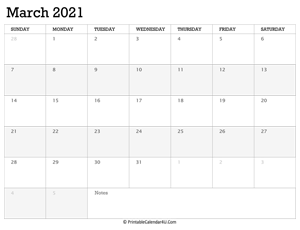 march 2021 calendar printable week starts on sunday