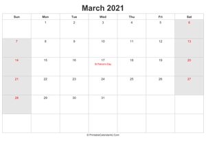 march 2021 calendar with uk bank holidays highlighted landscape layout