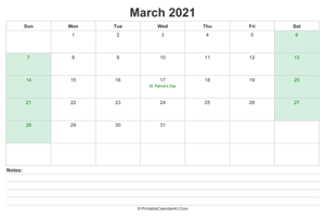 march 2021 calendar with us holidays and notes landscape layout