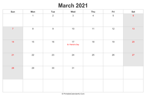 march 2021 calendar with us holidays highlighted landscape layout