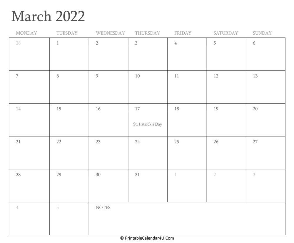 march 2022 calendar printable with holidays