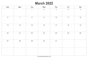 march 2022 calendar printable landscape layout