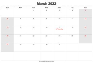 march 2022 calendar with uk bank holidays highlighted landscape layout