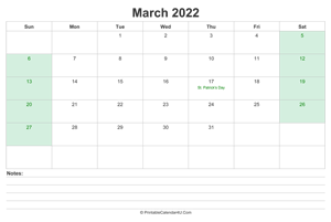 march 2022 calendar with us holidays and notes landscape layout
