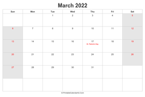 march 2022 calendar with us holidays highlighted landscape layout