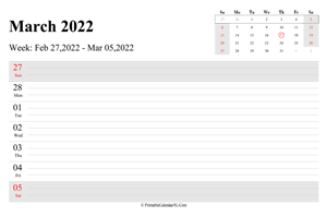 march 2022 weekly calendar with us holidays landscape layout