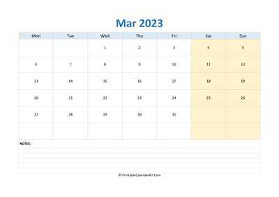 march 2023 calendar editable with notes horizontal layout