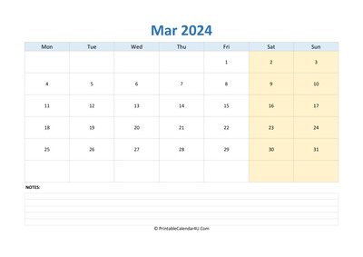 march 2024 calendar editable with notes horizontal layout