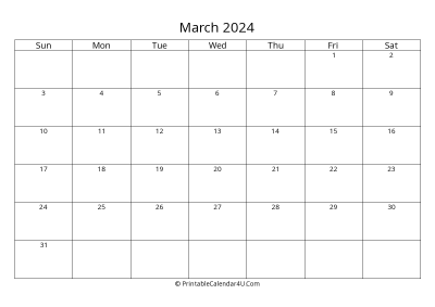 march 2024 calendar printable landscape layout