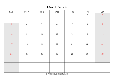 march 2024 calendar with us holidays highlighted landscape layout