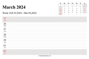 march 2024 weekly calendar with us holidays landscape layout