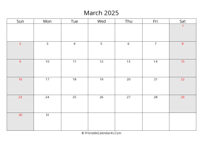 march 2025 calendar with us holidays highlighted landscape layout