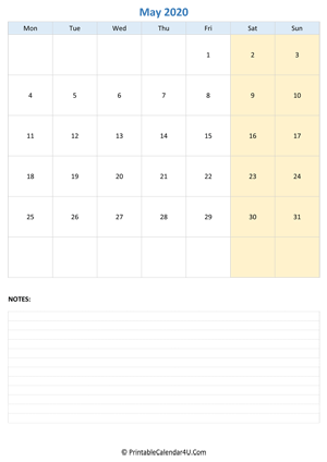 may 2020 calendar editable with notes vertical layout