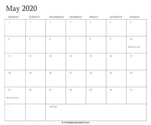 may 2020 calendar printable with holidays