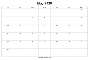 may 2020 calendar printable landscape layout