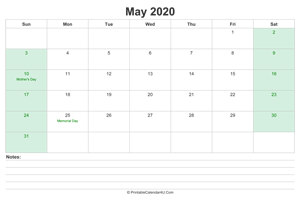 may 2020 calendar with us holidays and notes landscape layout