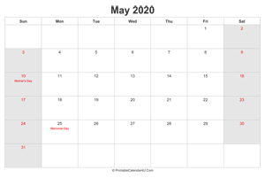 may 2020 calendar with us holidays highlighted landscape layout