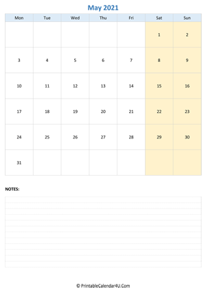 may 2021 calendar editable with notes vertical layout