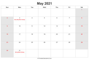 may 2021 calendar with uk bank holidays highlighted landscape layout