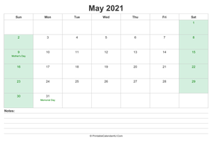 may 2021 calendar with us holidays and notes landscape layout