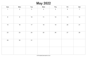 may 2022 calendar printable landscape layout