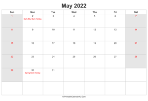 may 2022 calendar with uk bank holidays highlighted landscape layout