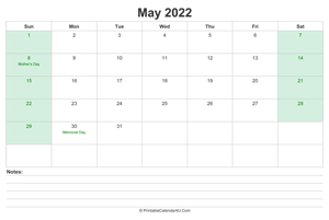may 2022 calendar with us holidays and notes landscape layout