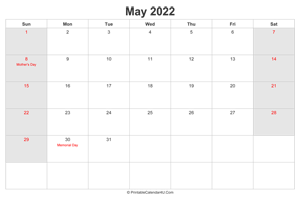 may 2022 calendar with us holidays highlighted landscape layout